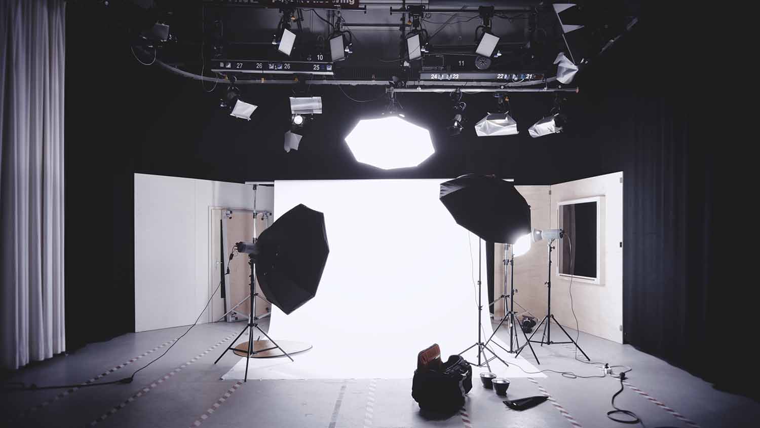 a photo studio with lighting equipment